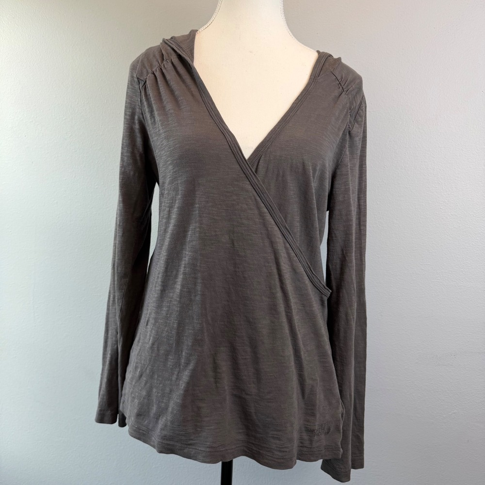 The North Face Womens Gray Pima Cotton Wrap Hooded Long Sleeve Top Large Y2K